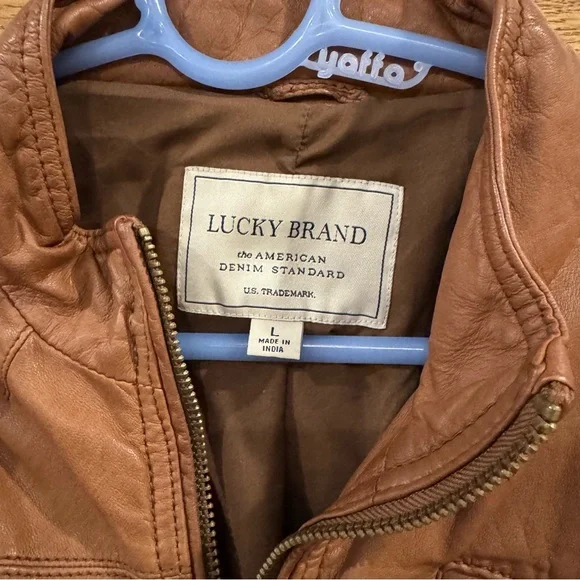 Lucky Brand Camel Leather Collarless Moto Jacket. Large
